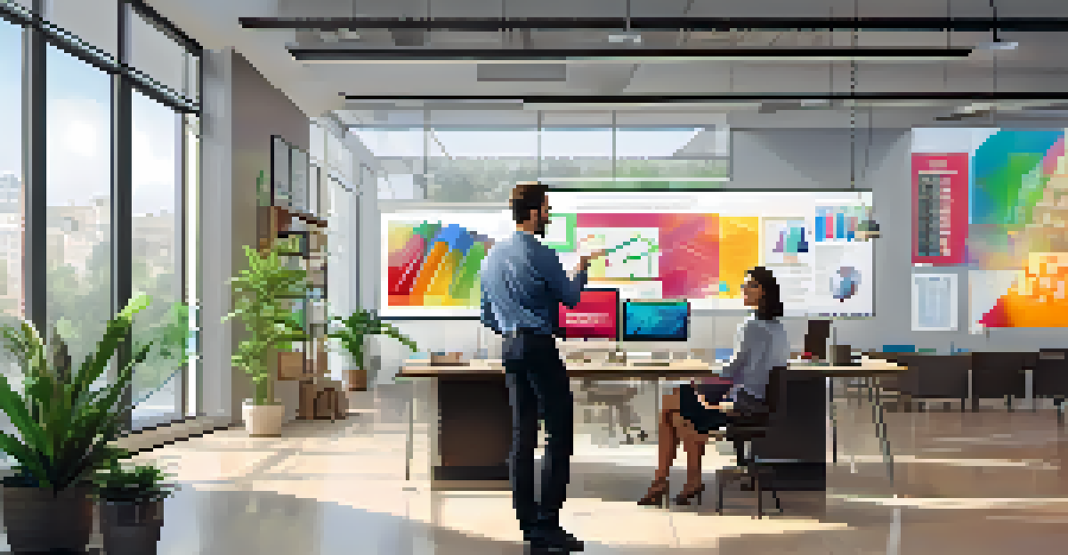 A young professional shadowing a marketing manager in a bright office setting, discussing strategies.