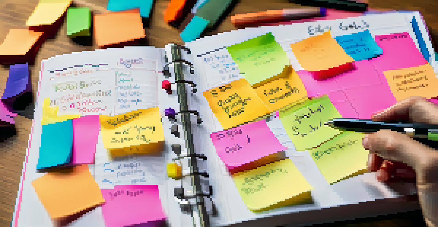 Close-up of hands writing financial goals in a planner, with colorful sticky notes and a pen on a bright surface.