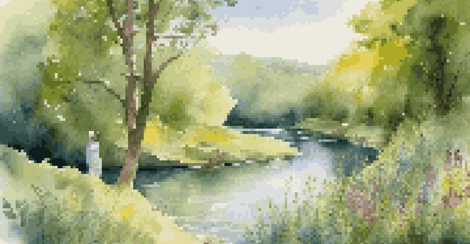 A person standing by a flowing river in a green landscape, contemplating their career path, with sunlight filtering through trees and colorful flowers around.