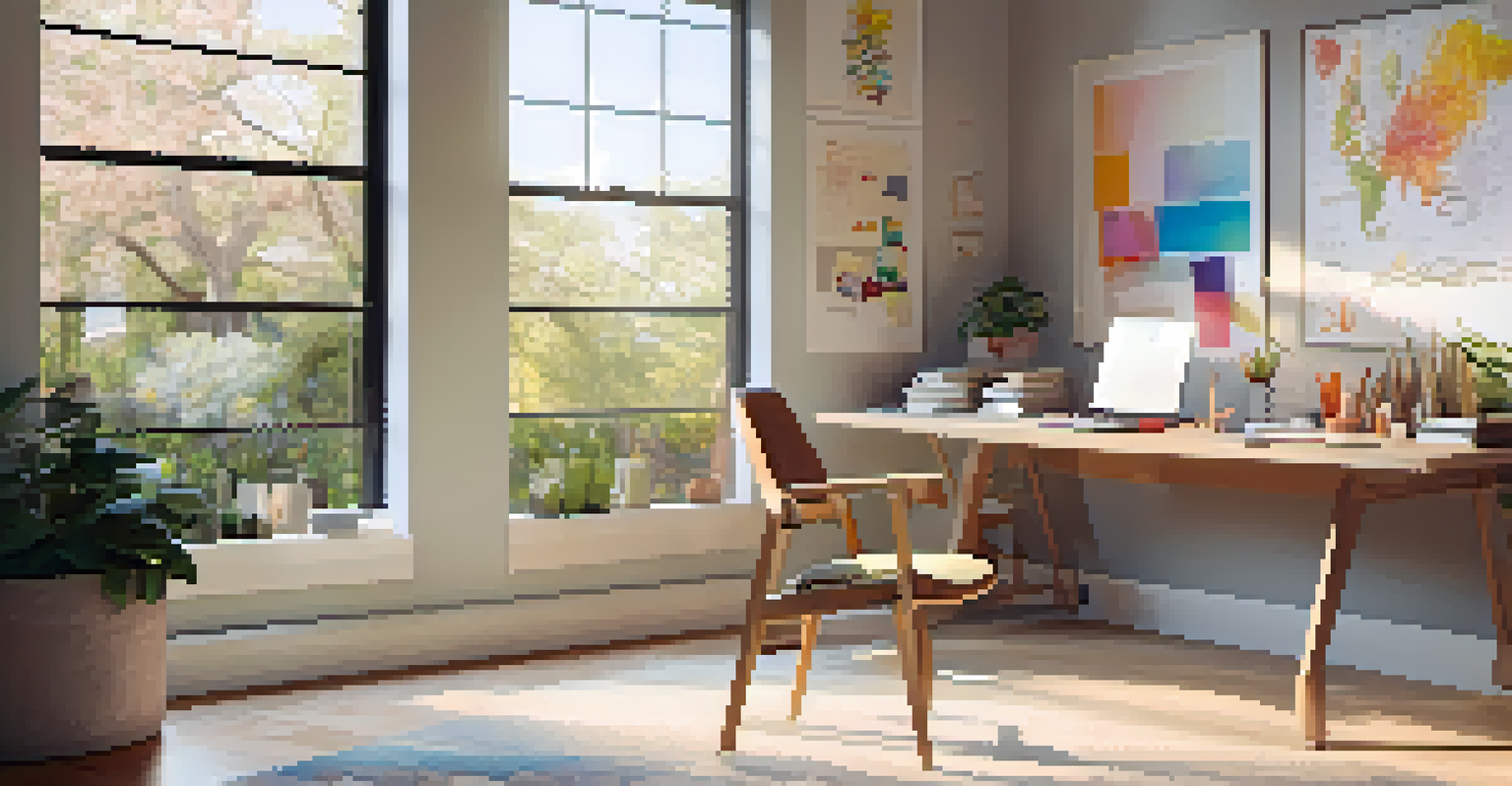 A minimalist workspace with a desk, chair, and a bulletin board filled with notes, bathed in warm light.