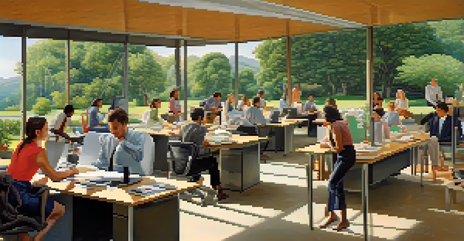 A split image showing busy employees in an office and others enjoying outdoor leisure activities, illustrating work-life balance.