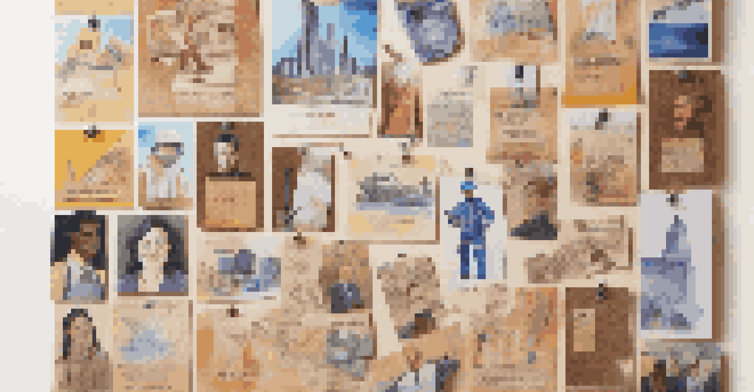 A colorful corkboard collage featuring various career images and quotes, illuminated by sunlight creating soft shadows.