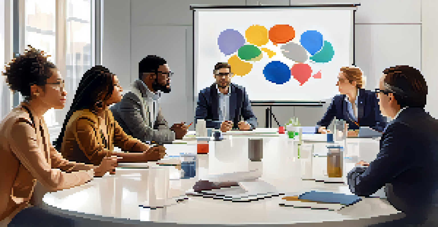 A diverse group of professionals in a modern meeting room discussing ideas around a round table.