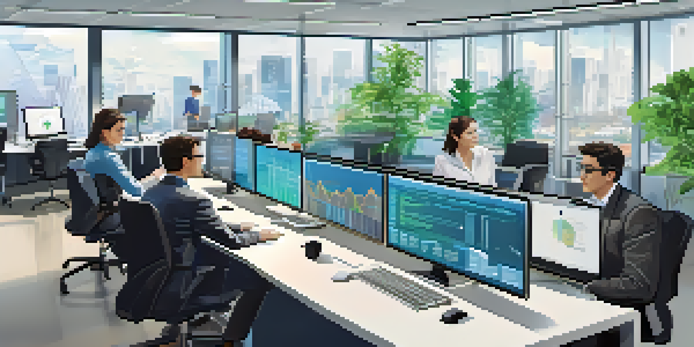 A diverse group of data analysts working together in a bright office, discussing data visualizations and collaborating on laptops.