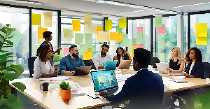A diverse group of professionals collaborating in a bright modern office, sharing ideas around a conference table with sticky notes.