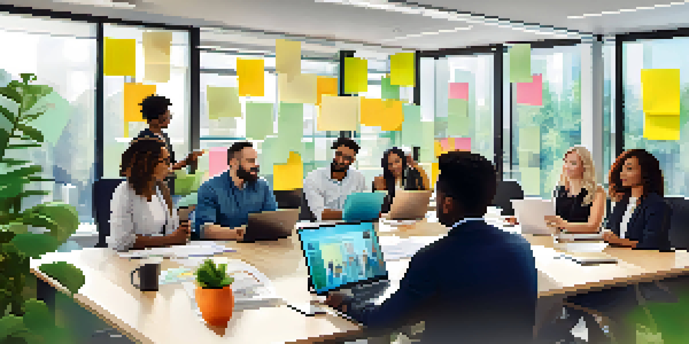 A diverse group of professionals collaborating in a bright modern office, sharing ideas around a conference table with sticky notes.