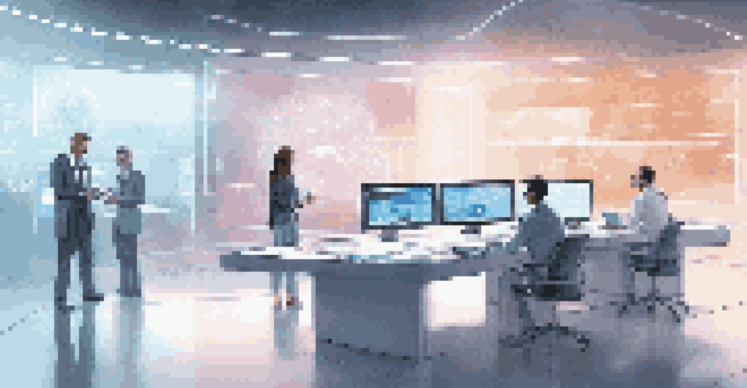 A futuristic office with advanced technology, featuring holographic displays and a leader guiding a team.