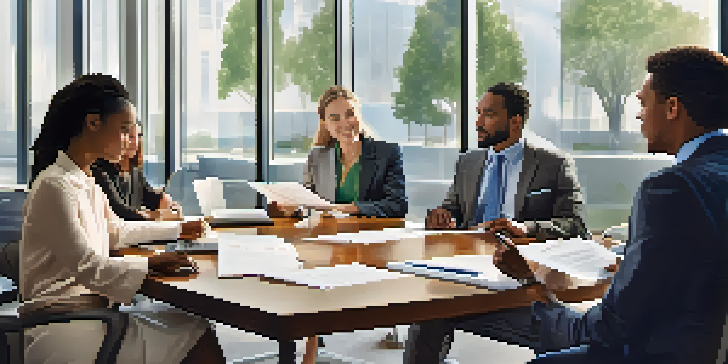 A diverse group of professionals discussing health insurance in a bright office setting with documents and a laptop.