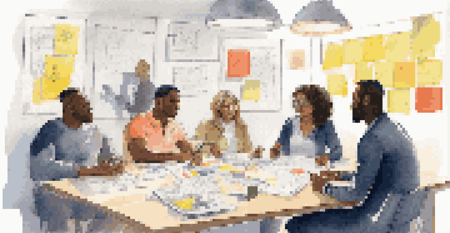 A diverse group of people collaborating at a table with post-it notes and sketches, promoting teamwork and innovation.