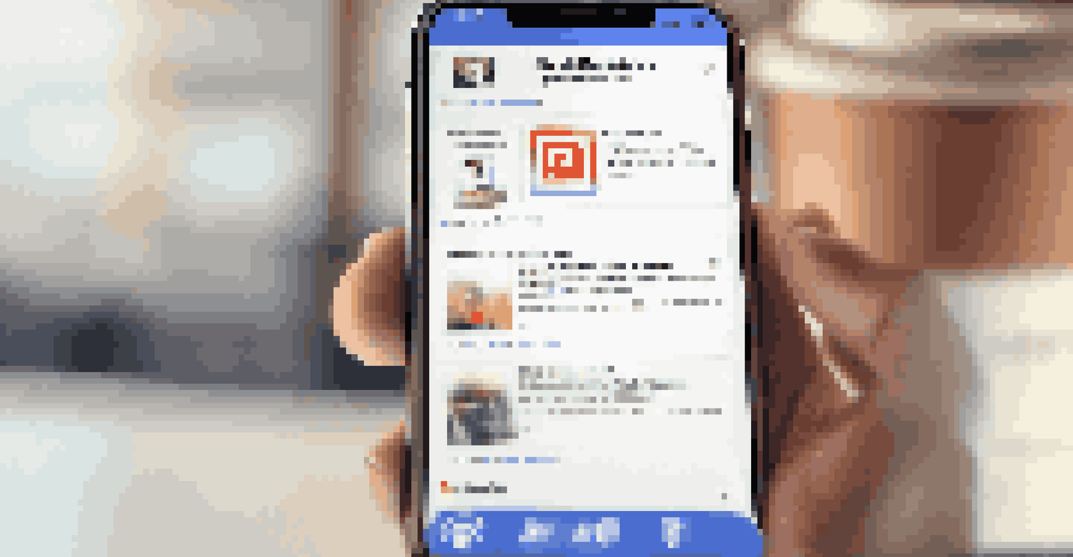 Close-up of a smartphone showing social media job postings, with a coffee cup and notepad beside it.