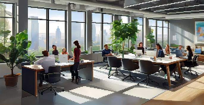 A bright and modern office with diverse employees collaborating around a conference table, with natural light and plants.