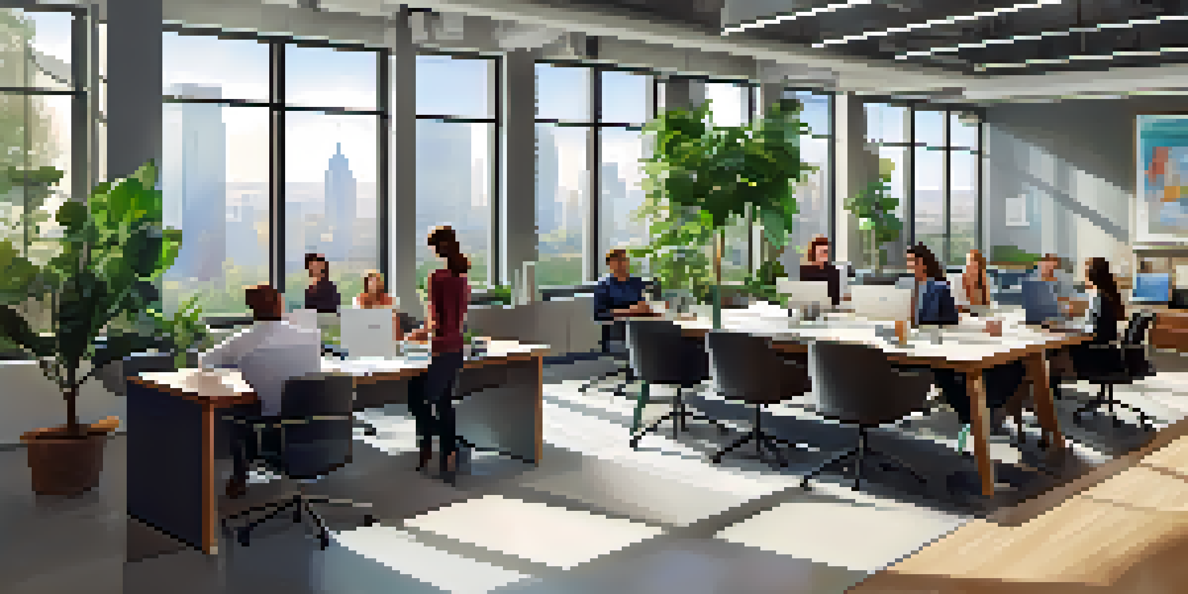 A bright and modern office with diverse employees collaborating around a conference table, with natural light and plants.