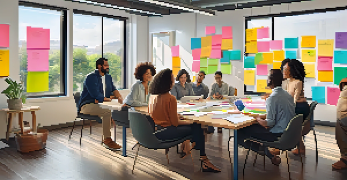 A diverse team collaborating in a bright workspace, surrounded by sticky notes and a whiteboard, emphasizing inclusivity and teamwork.