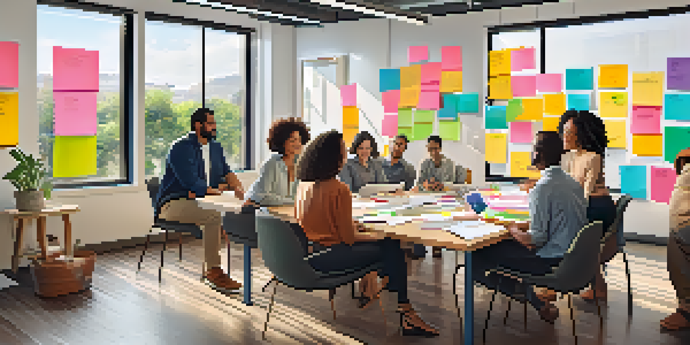 A diverse team collaborating in a bright workspace, surrounded by sticky notes and a whiteboard, emphasizing inclusivity and teamwork.