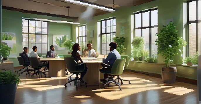 A diverse group of employees collaborating in a well-lit office space with plants and motivational quotes.