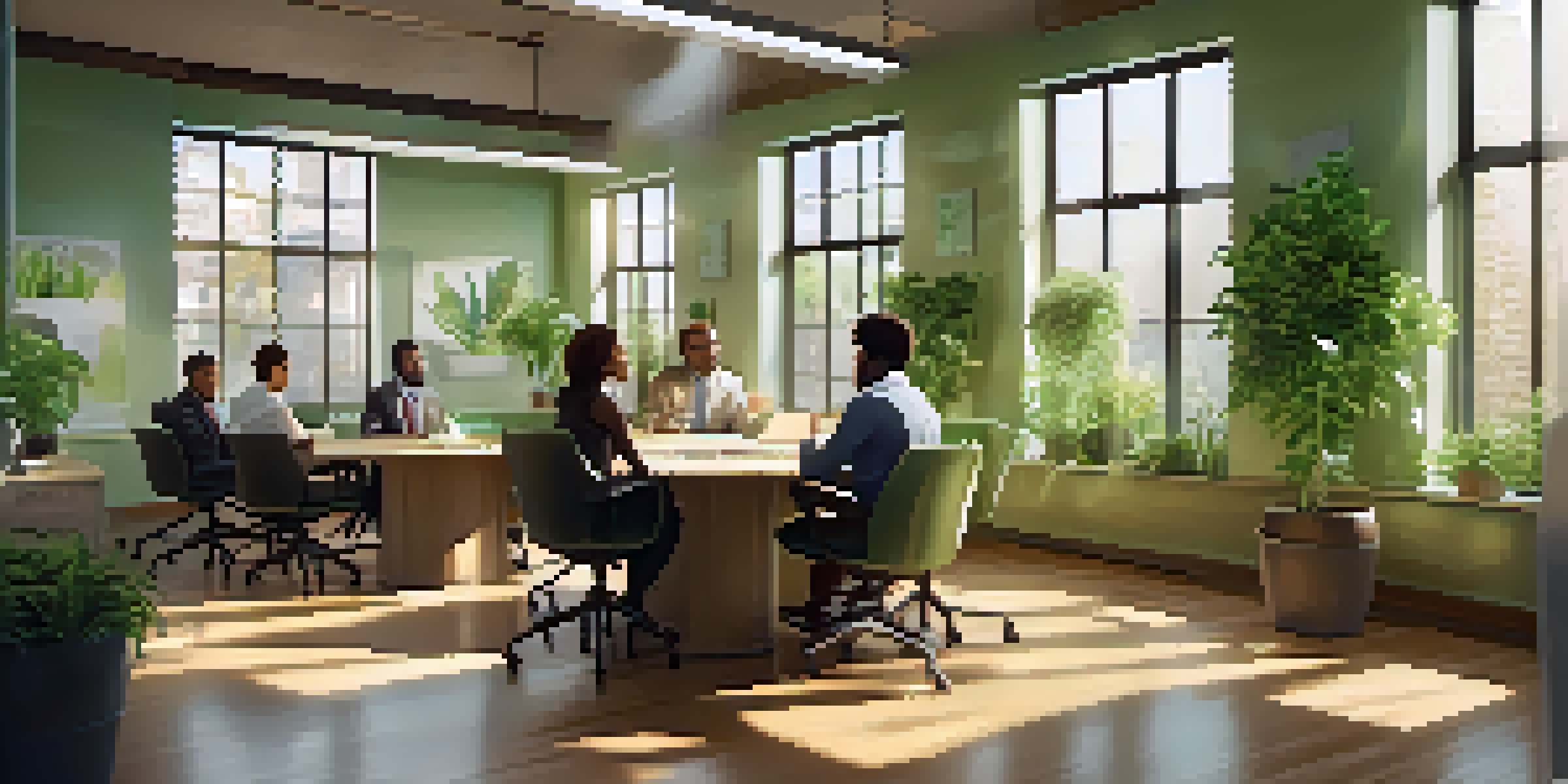 A diverse group of employees collaborating in a well-lit office space with plants and motivational quotes.