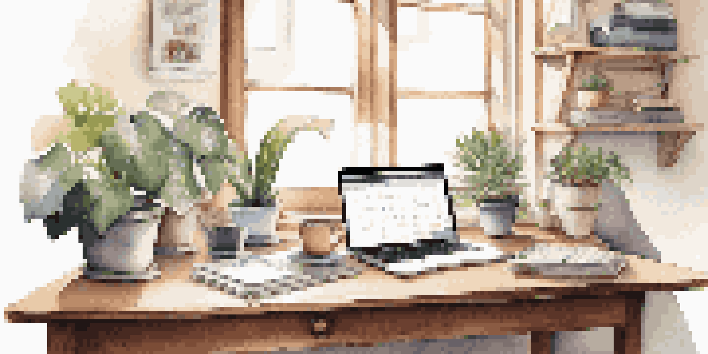 A workspace with a laptop, stationery, a plant, and a cup of coffee, illuminated by natural light.