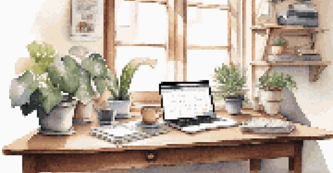 A workspace with a laptop, stationery, a plant, and a cup of coffee, illuminated by natural light.
