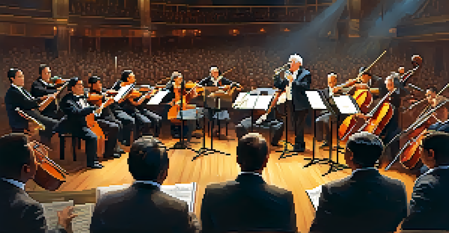 An orchestra of diverse musicians performing on stage, highlighting collaboration and cultural harmony.