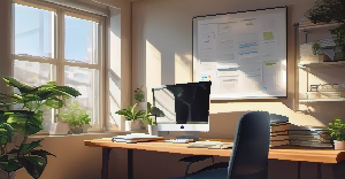 An office with sunlight streaming through a window, a desk with a laptop and notebooks, and a motivational quote on the wall.