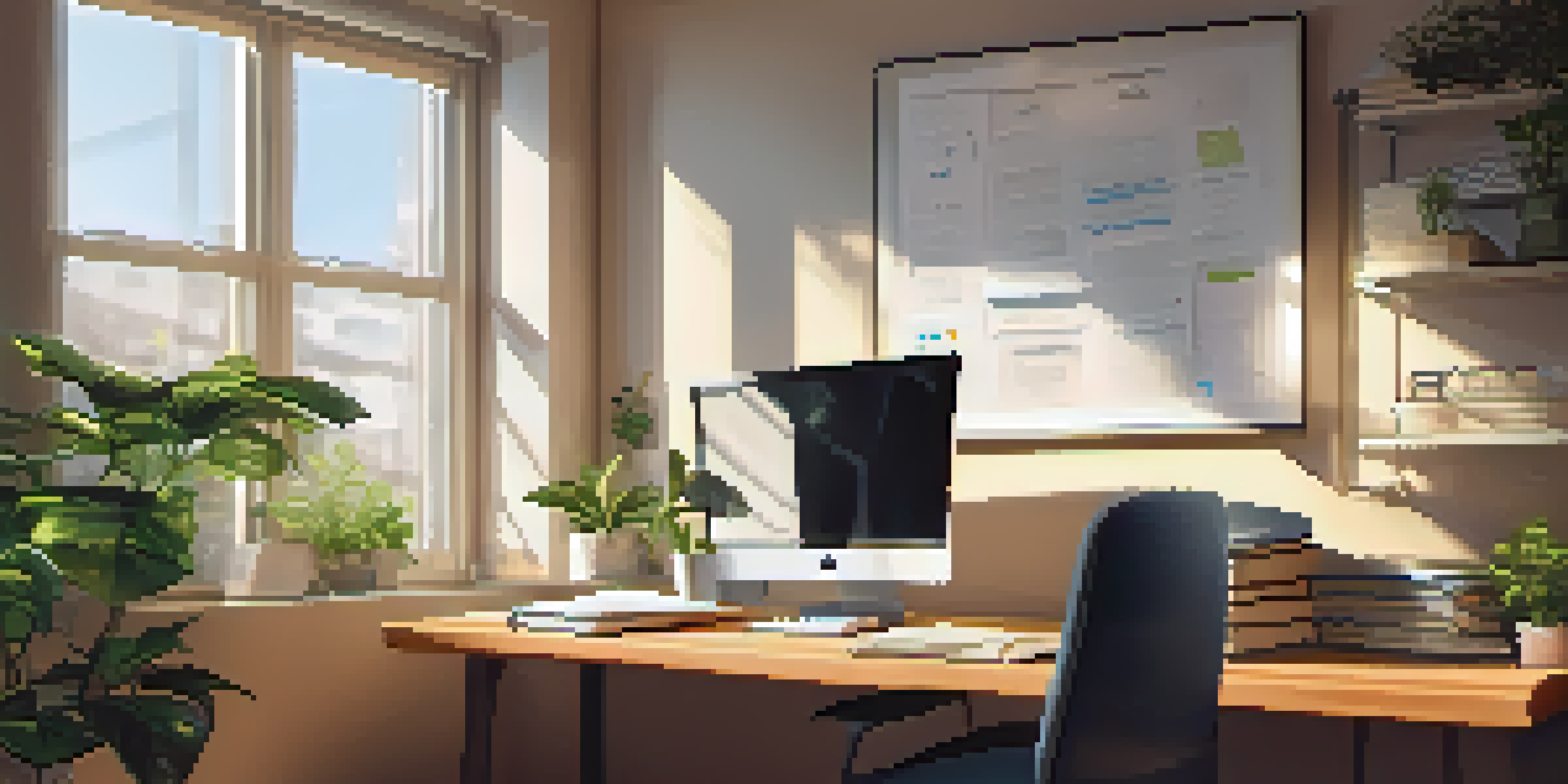 An office with sunlight streaming through a window, a desk with a laptop and notebooks, and a motivational quote on the wall.