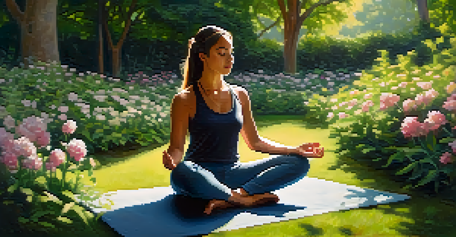 A person meditating in a tranquil garden filled with flowers and greenery, promoting a sense of peace and mindfulness.