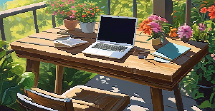 An outdoor workspace with a wooden desk and laptop surrounded by greenery and flowers, illuminated by soft sunlight.