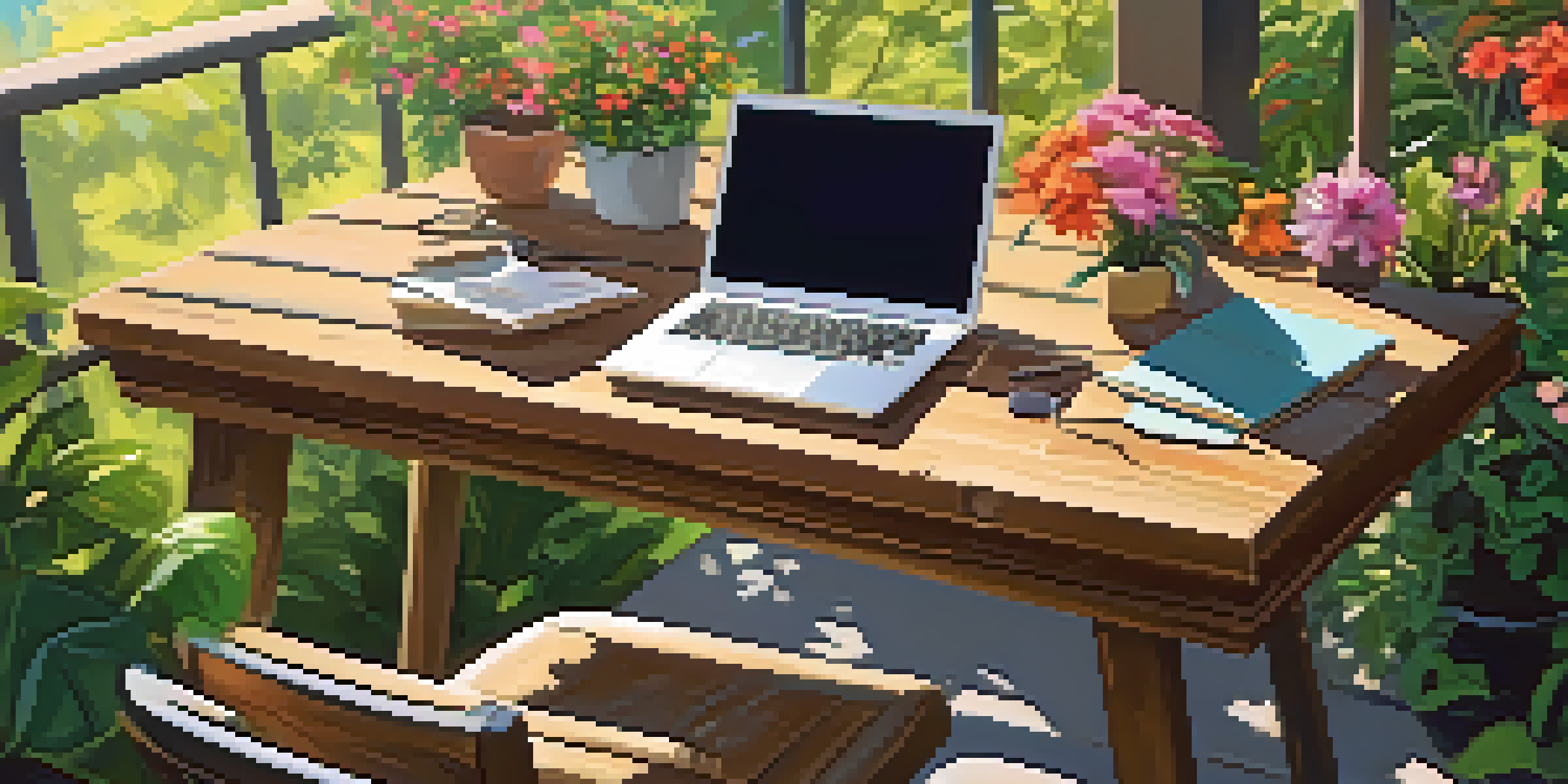 An outdoor workspace with a wooden desk and laptop surrounded by greenery and flowers, illuminated by soft sunlight.