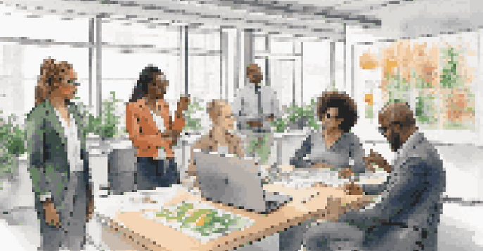 A diverse team of professionals in an office discussing ideas collaboratively, with natural light and plants in the background.