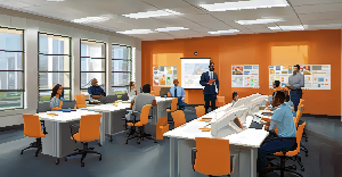 A diverse group of employees in a bright office attending a safety training session with safety posters and equipment.