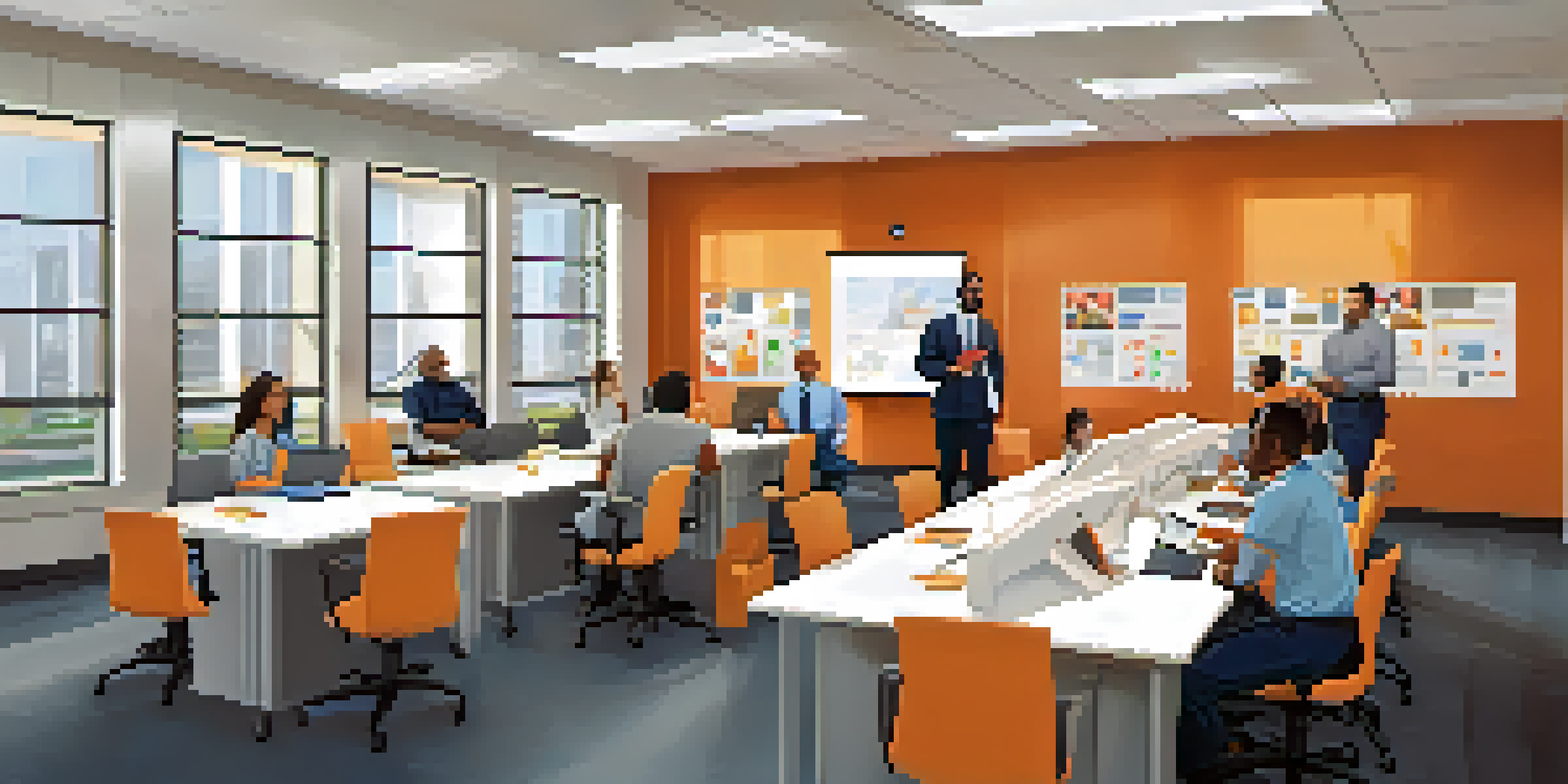 A diverse group of employees in a bright office attending a safety training session with safety posters and equipment.