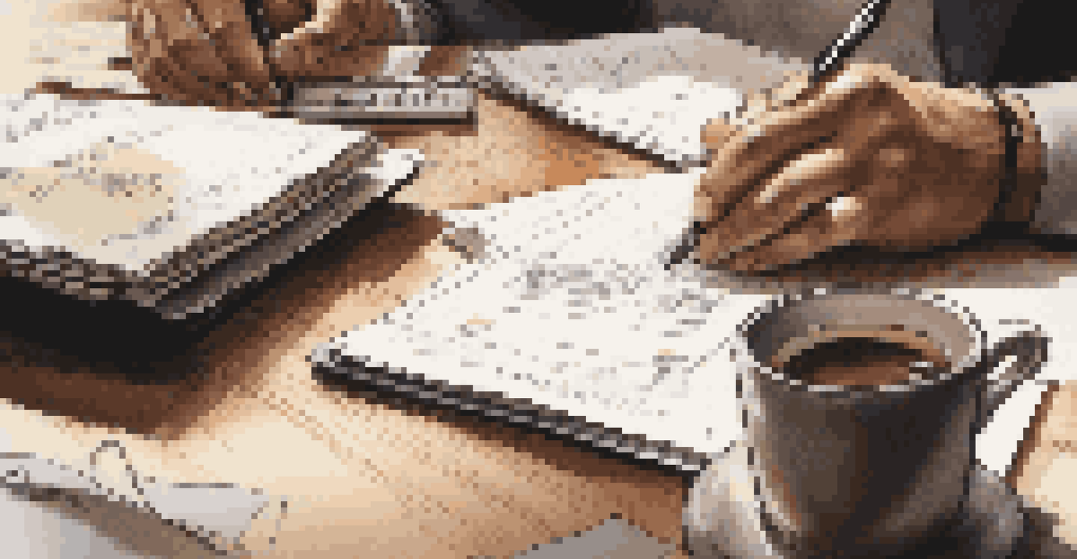 Close-up of hands with a notebook, calculator, and coffee cup on a wooden table, preparing for a negotiation.