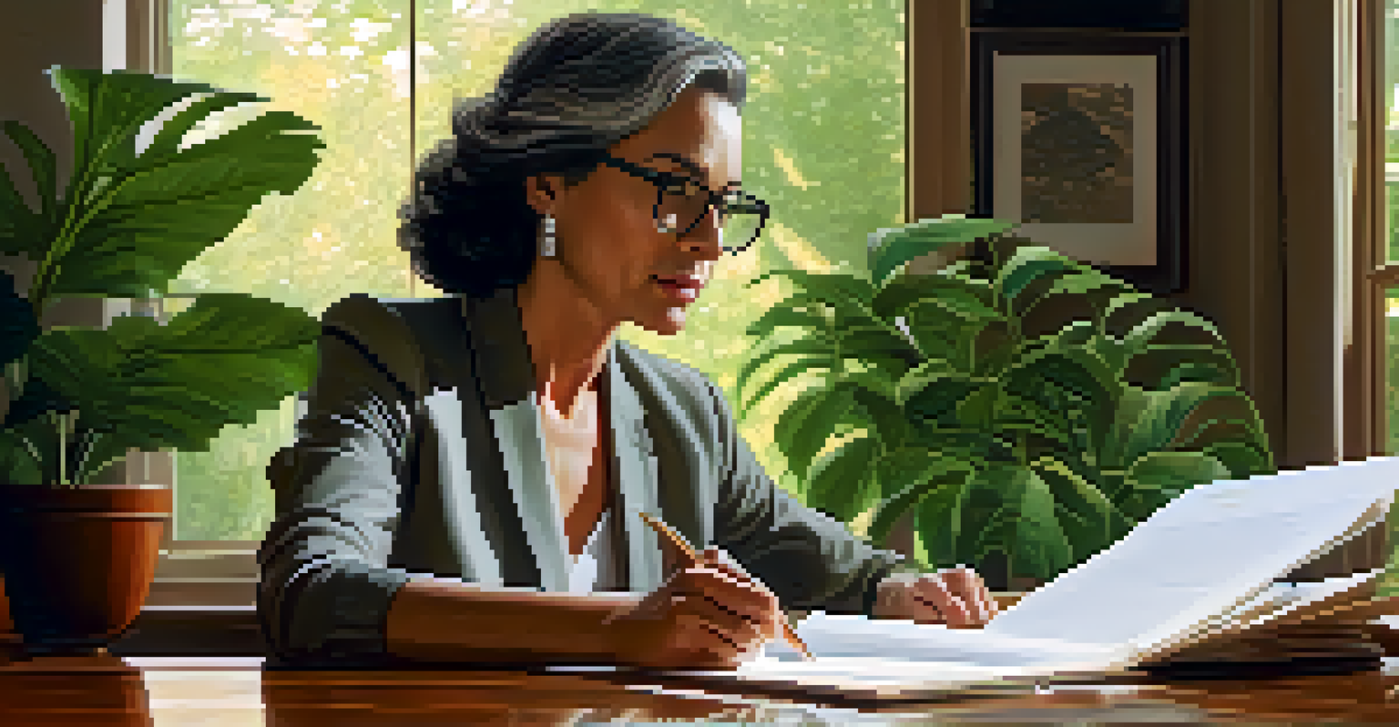 A thoughtful female leader at her desk, reflecting on a document with empathy, surrounded by plants and warm lighting.