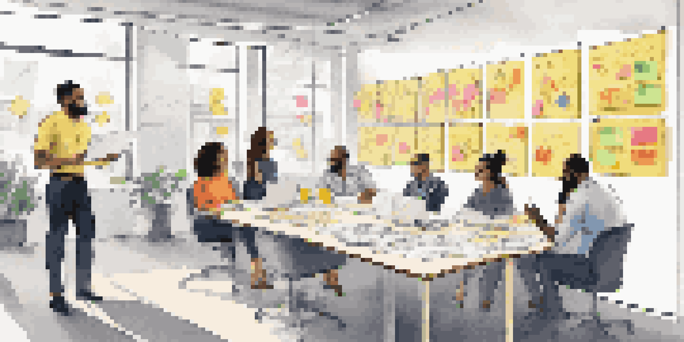 A diverse group of professionals collaborating in a bright office, surrounded by notes and diagrams.