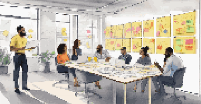 A diverse group of professionals collaborating in a bright office, surrounded by notes and diagrams.