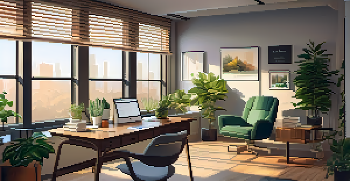A cozy office space illuminated by golden hour sunlight, featuring a desk with motivational books, a notepad, and a plant, representing personal and professional growth.