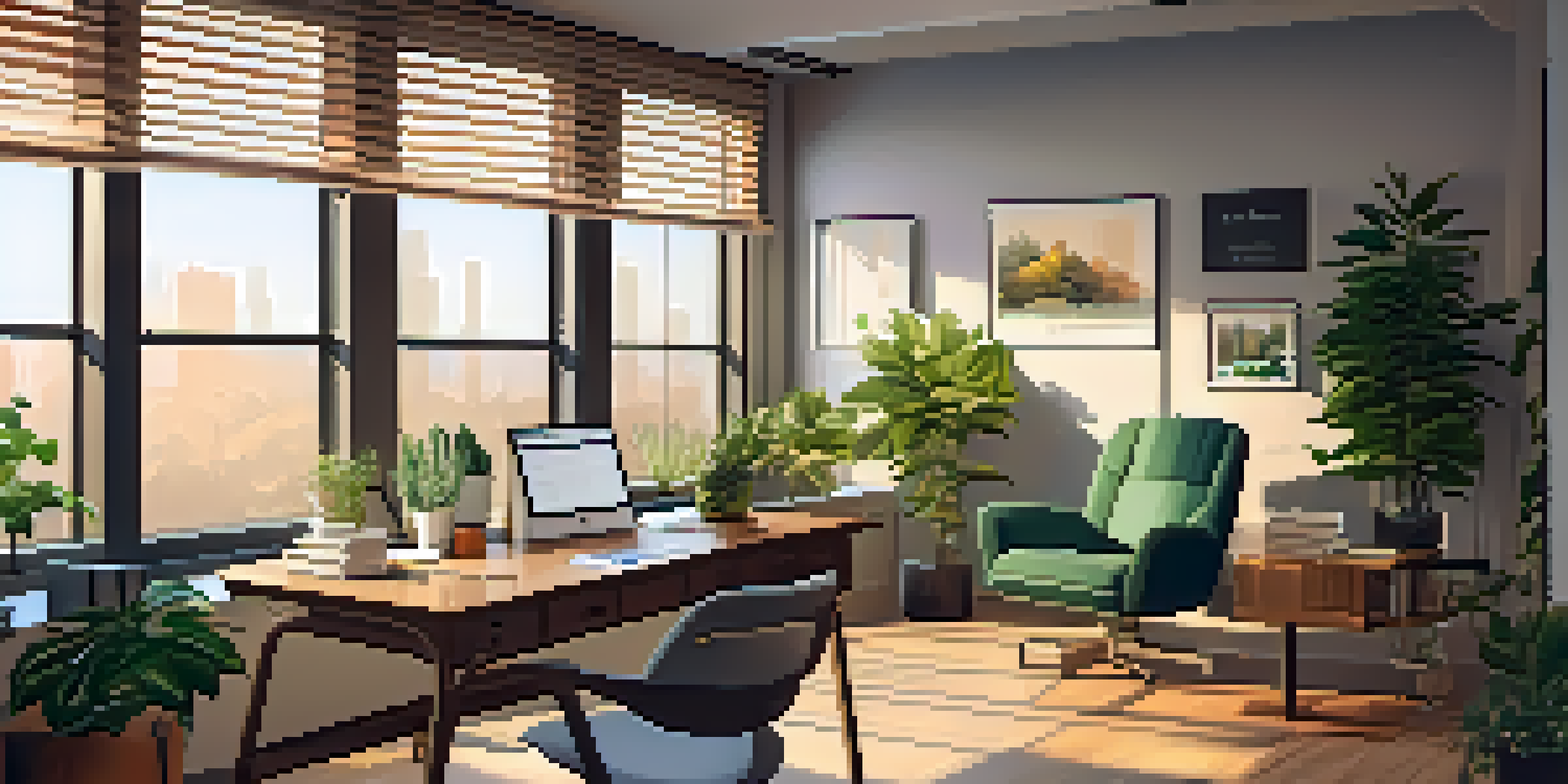 A cozy office space illuminated by golden hour sunlight, featuring a desk with motivational books, a notepad, and a plant, representing personal and professional growth.