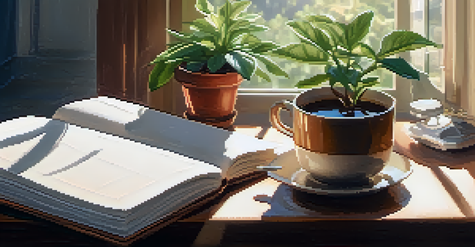 A cozy workspace with a desk, a potted plant, a journal, and a cup of tea, illuminated by soft sunlight from a window.