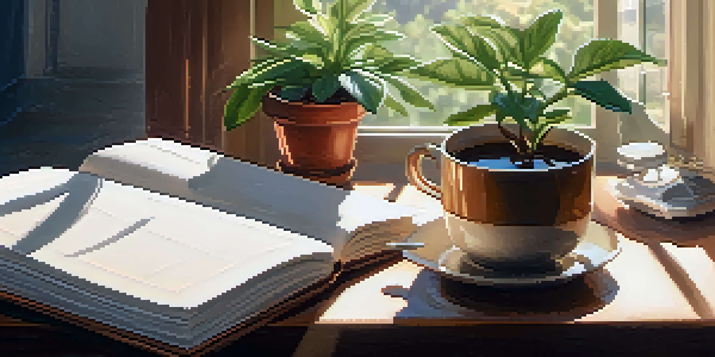 A cozy workspace with a desk, a potted plant, a journal, and a cup of tea, illuminated by soft sunlight from a window.