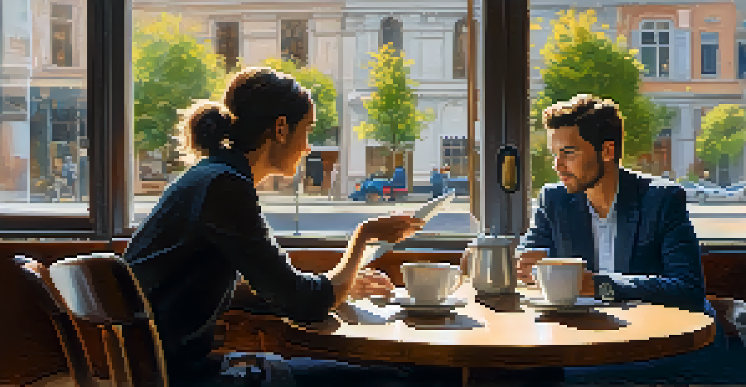 Two people having an informational interview at a café, with one person listening attentively to the mentor sharing insights over coffee.