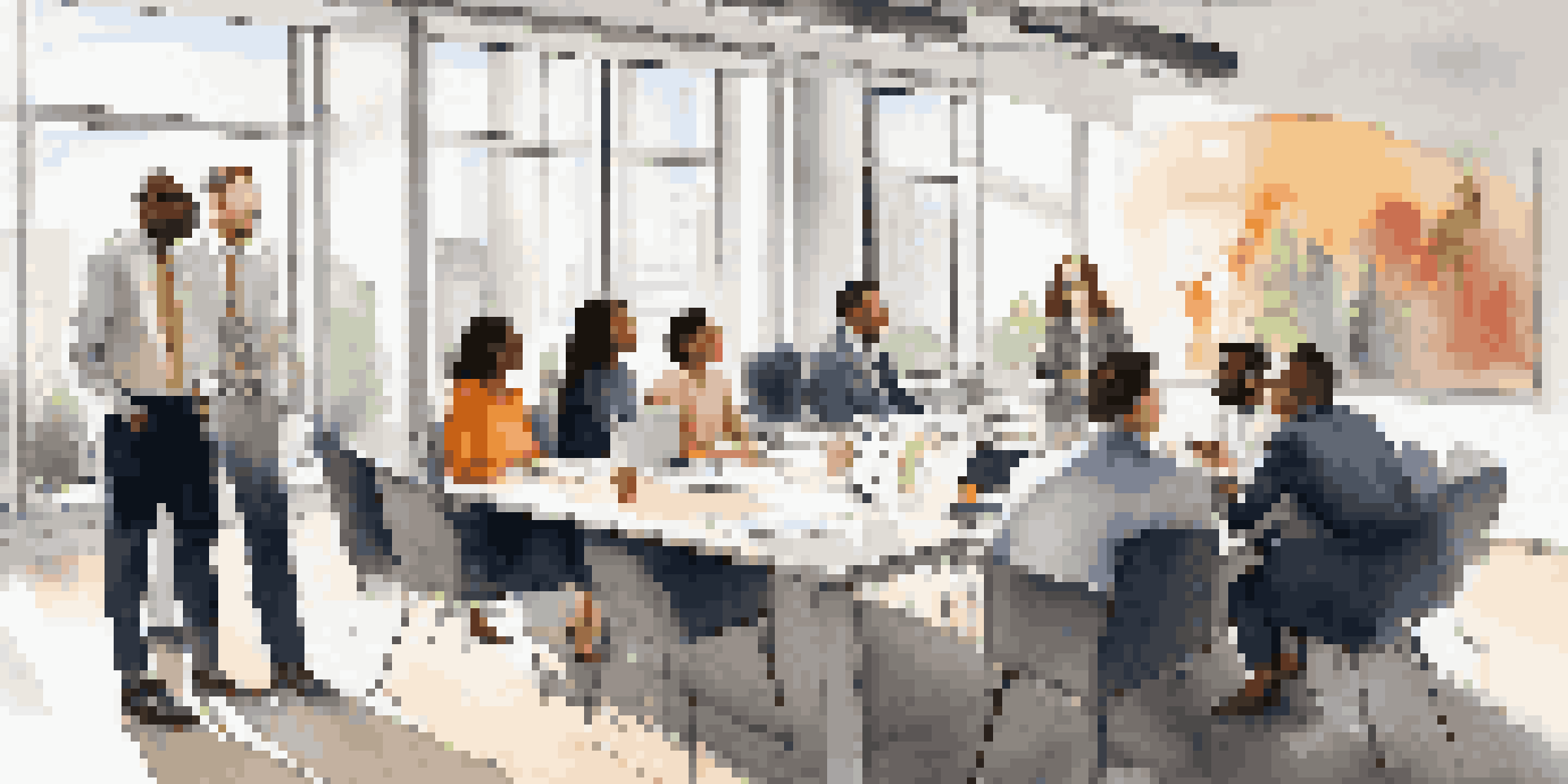 A diverse group of professionals in a modern office engaged in a collaborative meeting, showcasing engagement and thoughtfulness.