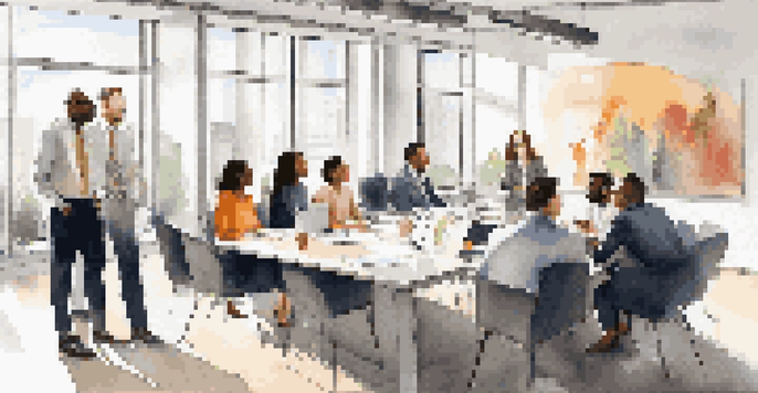 A diverse group of professionals in a modern office engaged in a collaborative meeting, showcasing engagement and thoughtfulness.