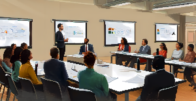 A woman confidently presenting in a public speaking workshop with an engaged audience.