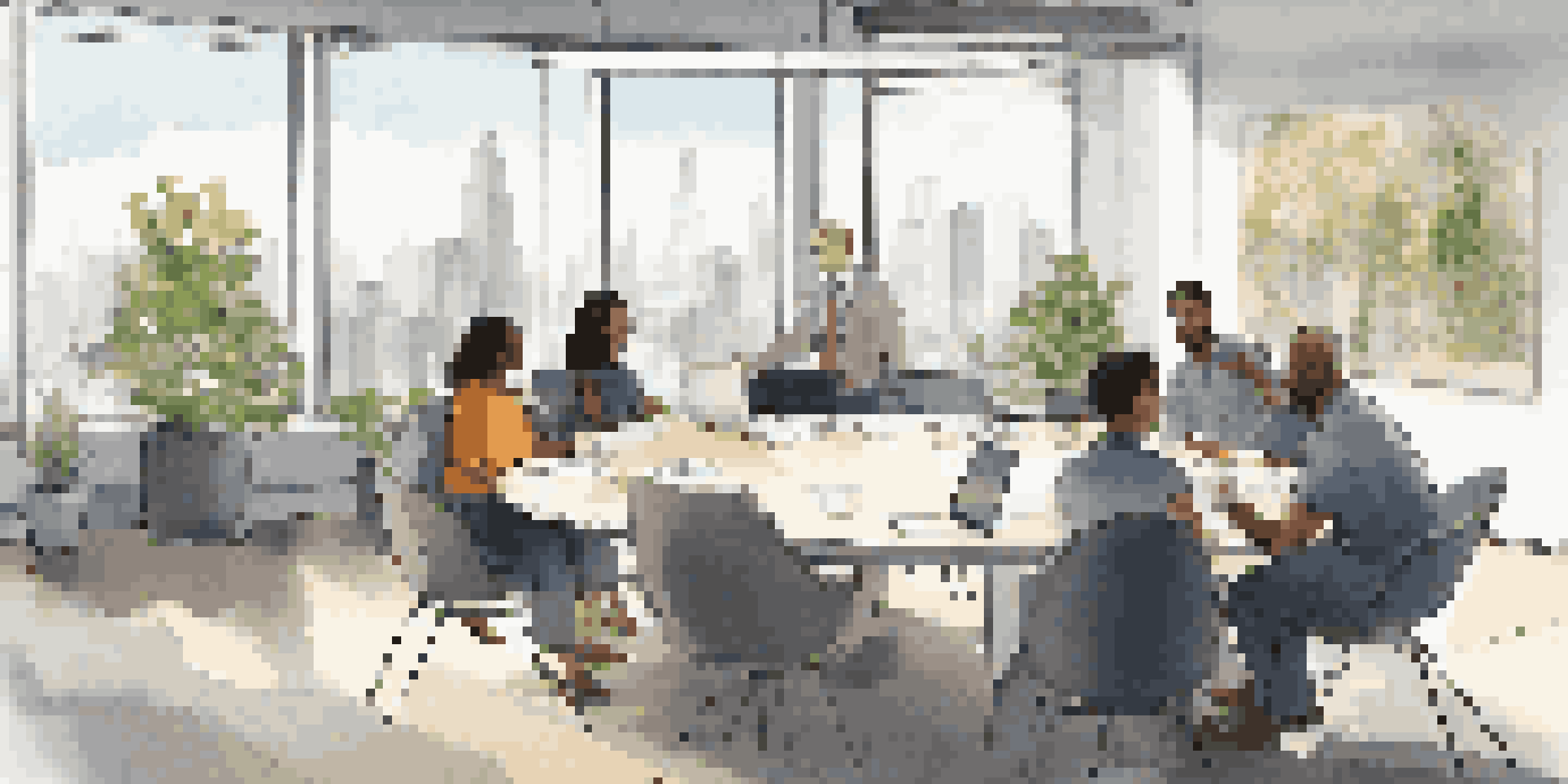 A diverse group of employees in a bright office meeting, discussing ideas around a circular table.