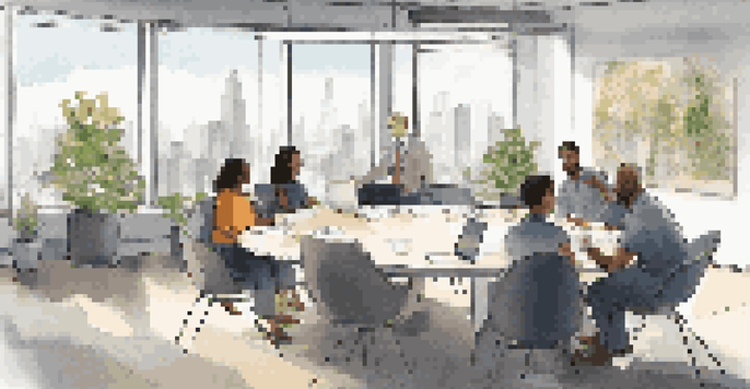 A diverse group of employees in a bright office meeting, discussing ideas around a circular table.