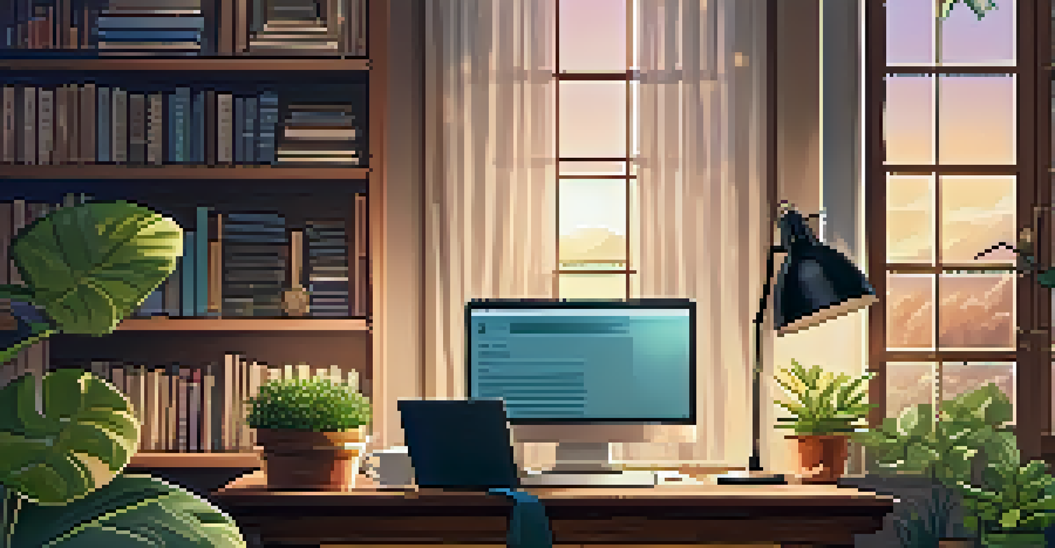 A cozy home office with a wooden desk and an open laptop, surrounded by potted plants and books, with warm lighting and a motivational quote on the wall.