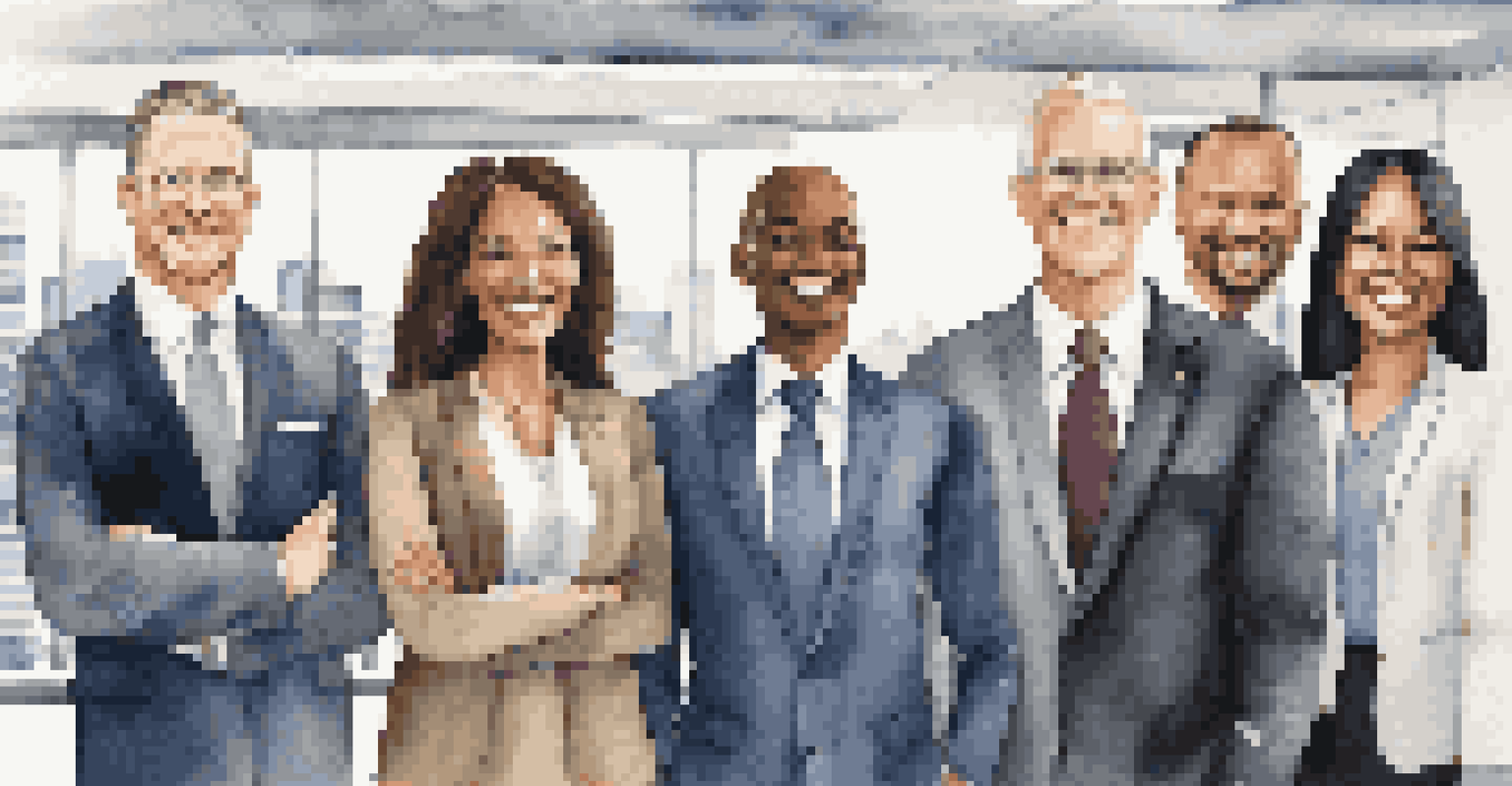 A diverse leadership team posing in an office, showcasing unity and professionalism.