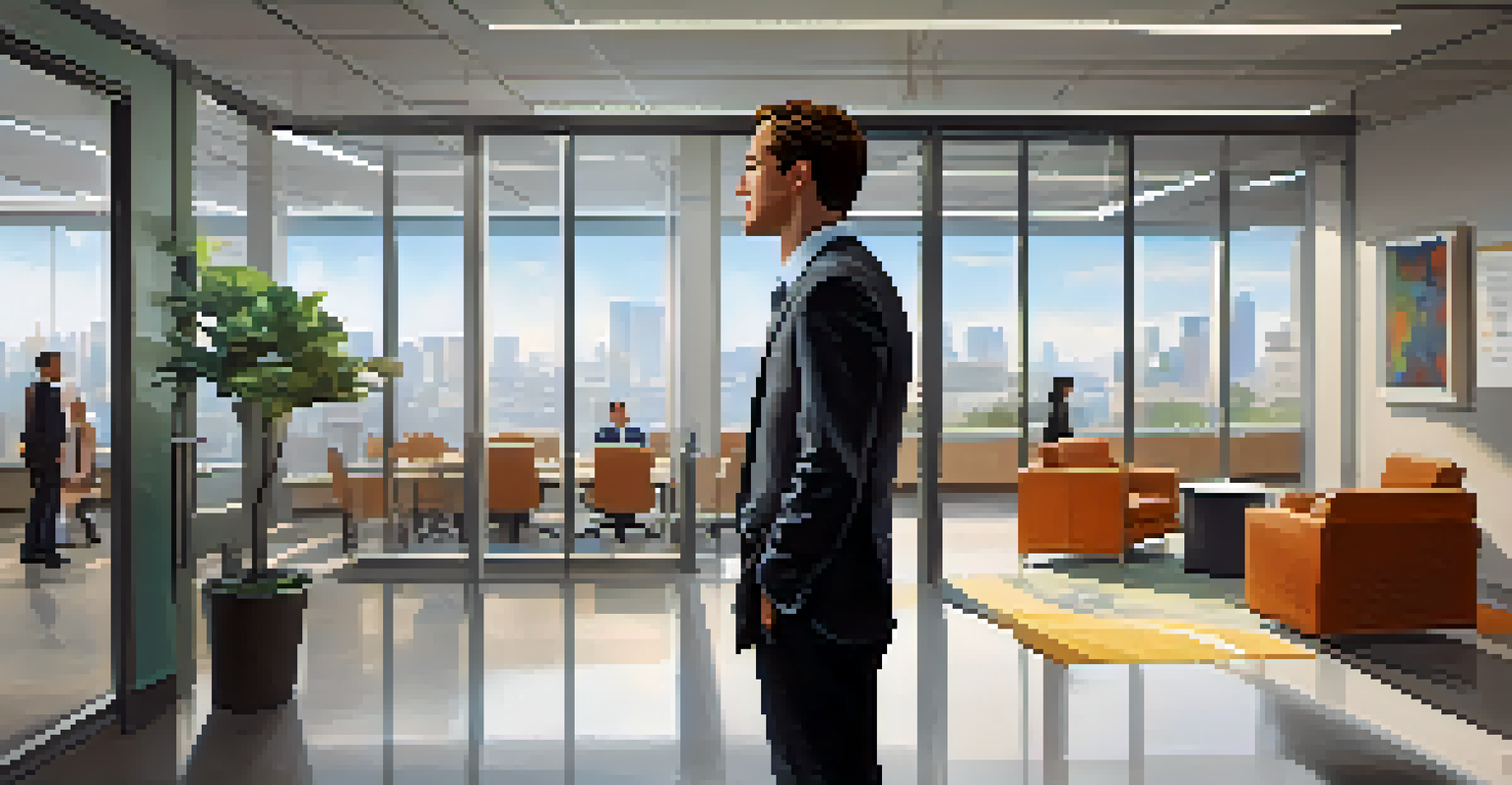 A confident individual delivering an elevator pitch in a bright office, showcasing enthusiasm and engagement.