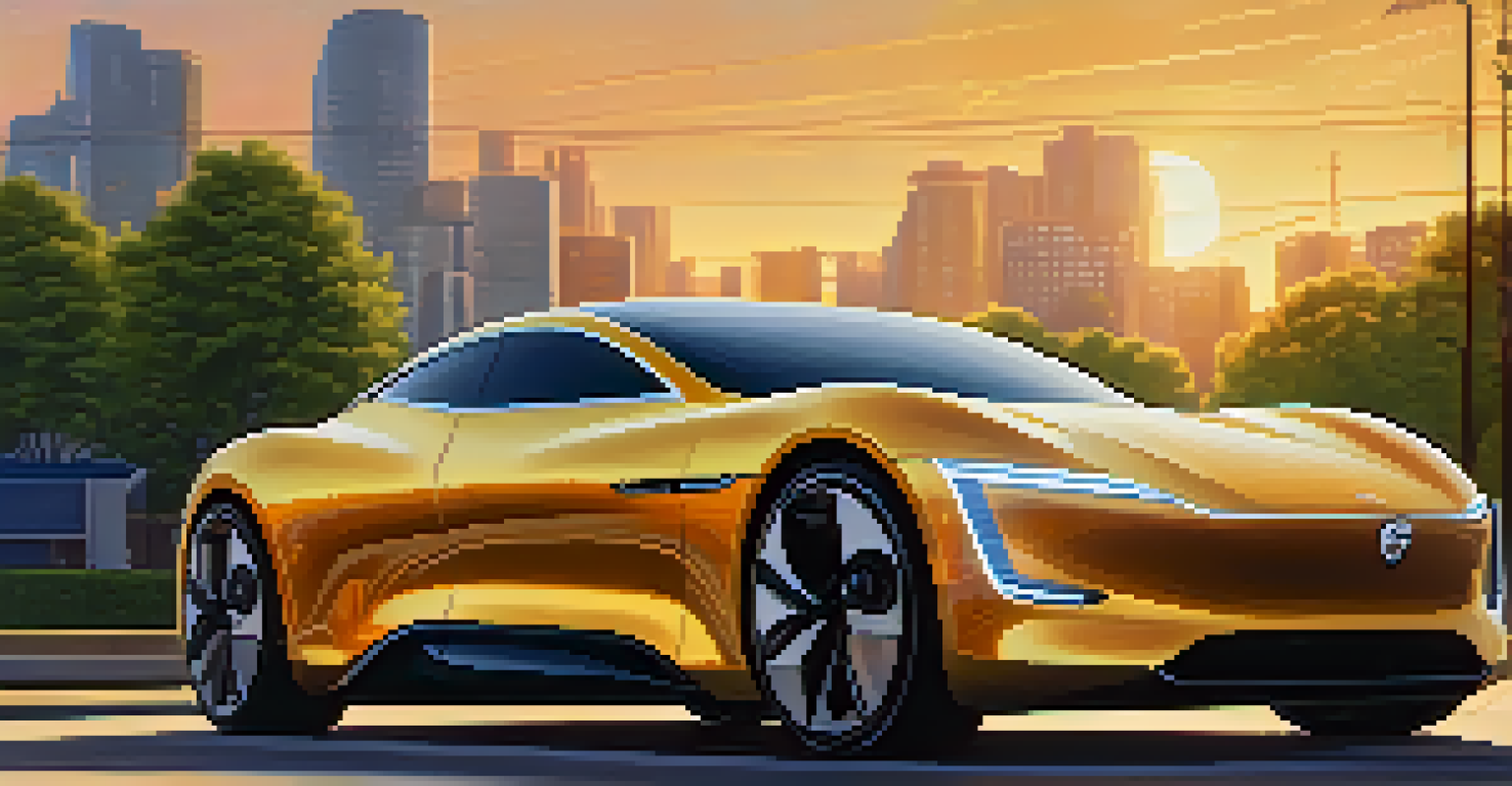 A sleek electric car in a modern city with solar panels and trees, illuminated by sunset.