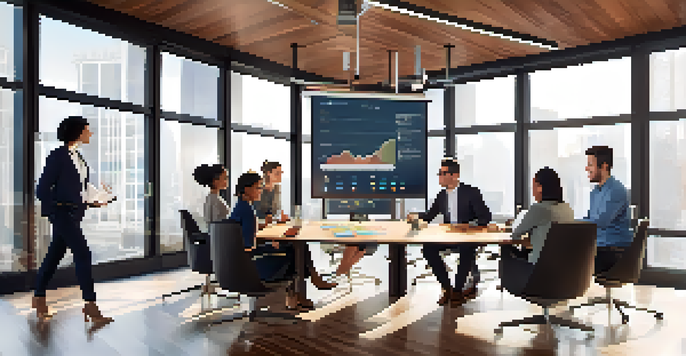 A diverse group of professionals collaborating in a bright, modern conference room, surrounded by charts and graphs, illustrating teamwork and inclusivity.